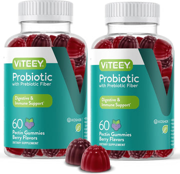 Probiotic Gummies With Prebiotic Fiber, Extra Strength 2 Billion Cfus - Prebiotics And Probiotics For Immune & Digestive Support - Vegan, Gelatin Free, Gmo Free - Tasty Chewable Berry Flavored Gummy