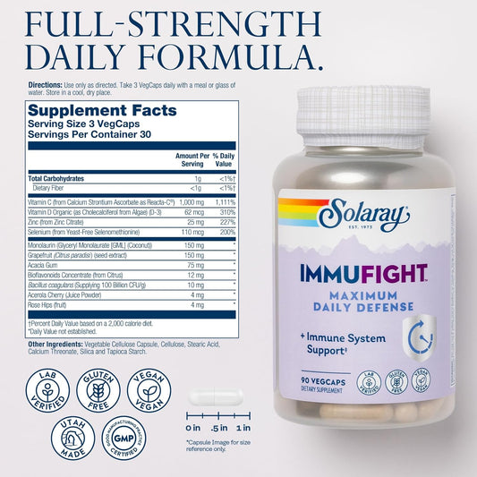 Solaray Immufight Maximum Daily Defense, All Day Immune Support, Vitamin C, Vitamin D, Zinc, Probiotics, Monolaurin, Acerola & More, Vegan & Gluten Free, 60 Day Guarantee, 30 Servings, 90 Vegcaps