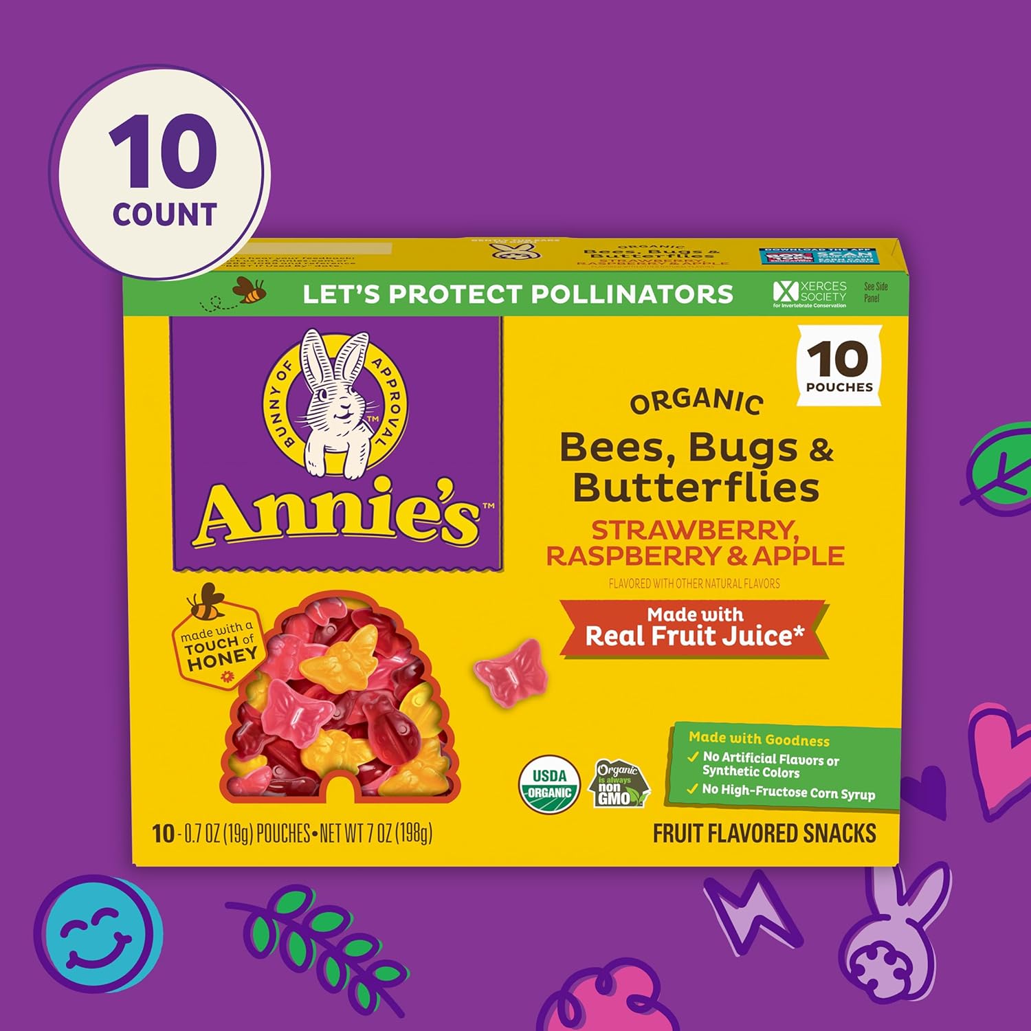 Annie'S Organic Bees, Bugs, And Butterflies Fruit Flavored Snacks, 10 Pouches, 7 Oz