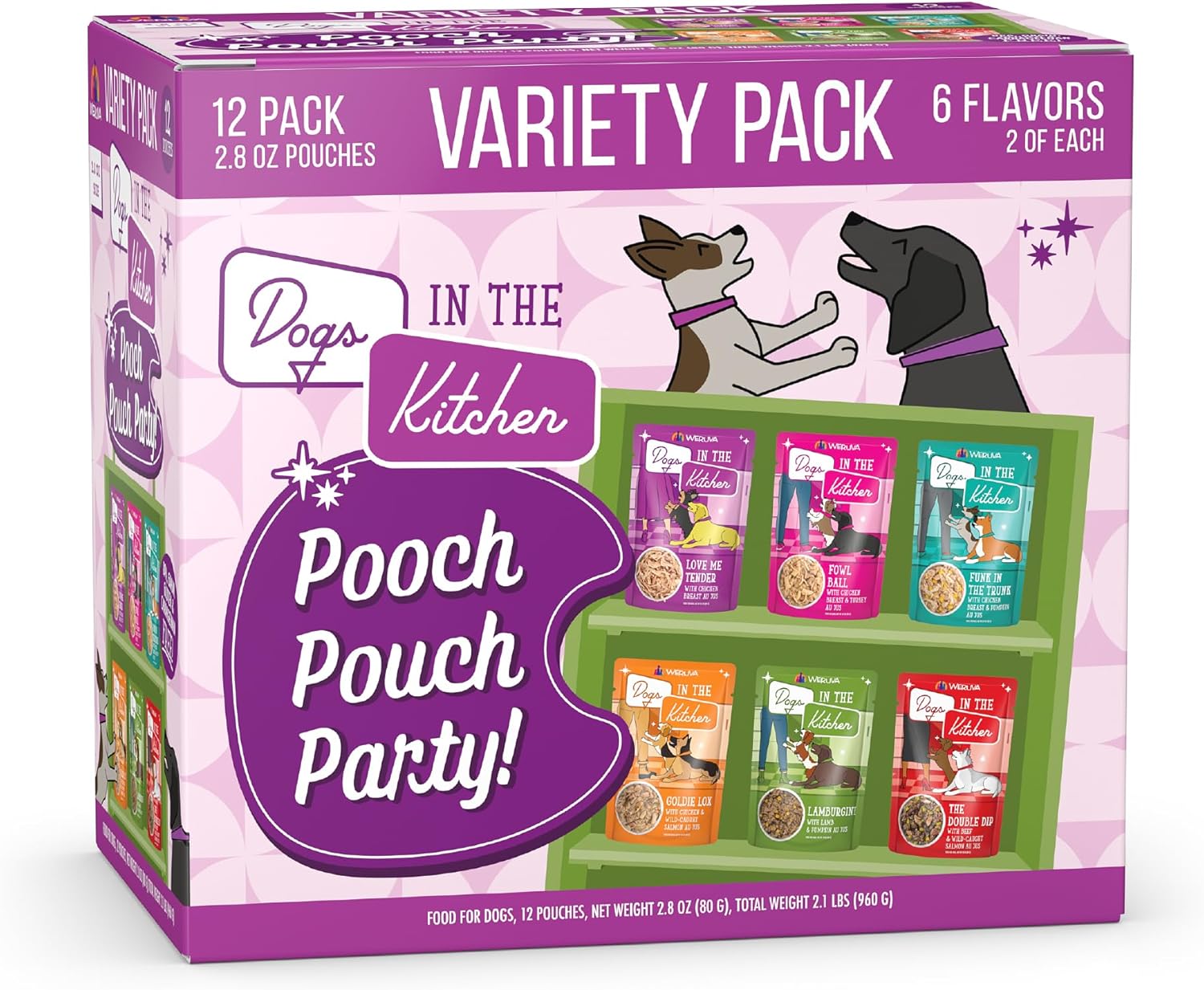 Weruva Dogs In The Kitchen, Variety Pack, Pooch Pouch Party!, Wet Dog Food, 2.8Oz Pouches (Pack Of 12)