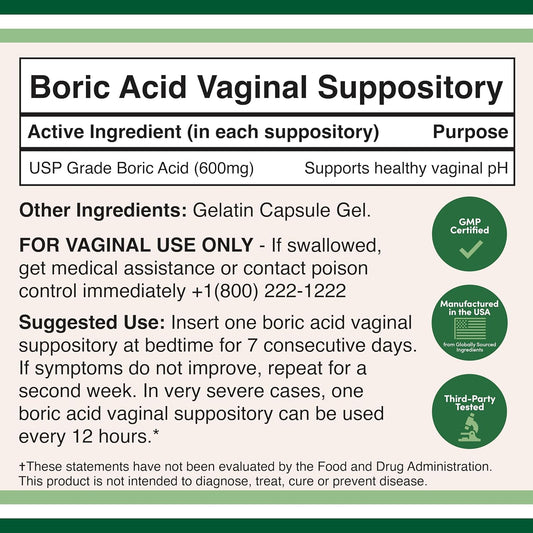 Boric Acid Suppositories (600mg Vaginal Suppository, 60 Count) Supports Vaginal pH Balance, Odor Control (USP Medical Grade Fine Powder, Easy Dissolve, Third Party Tested) by Double Wood