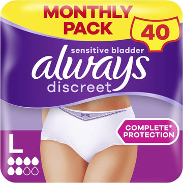 Always Discreet Incontinence Pants Women, Large, UK Size 16-22, White, Absorbency 5, 40 Underwear / Knickers (10 x 4 Packs), Heavy Bladder Leak Protection / Maternity Postpartum, Odour Neutraliser