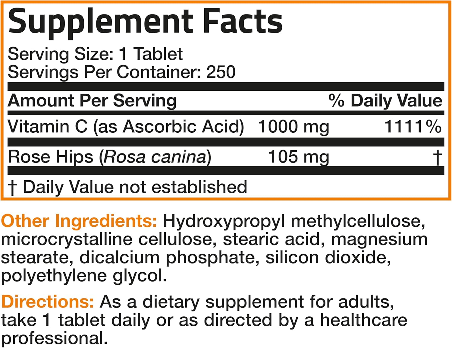 Bronson Vitamin C 1000 mg with Rose HIPS Sustained Release, 250 Tablets : Health & Household