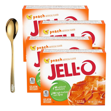 Jell-O Gelatin Dessert, 3 Oz - Peach Gelatin With Golden Ss Spoon - Perfect For Parties, Birthdays And Celebrations - Easy To Make Peach Flavored Powder Pack Of 4