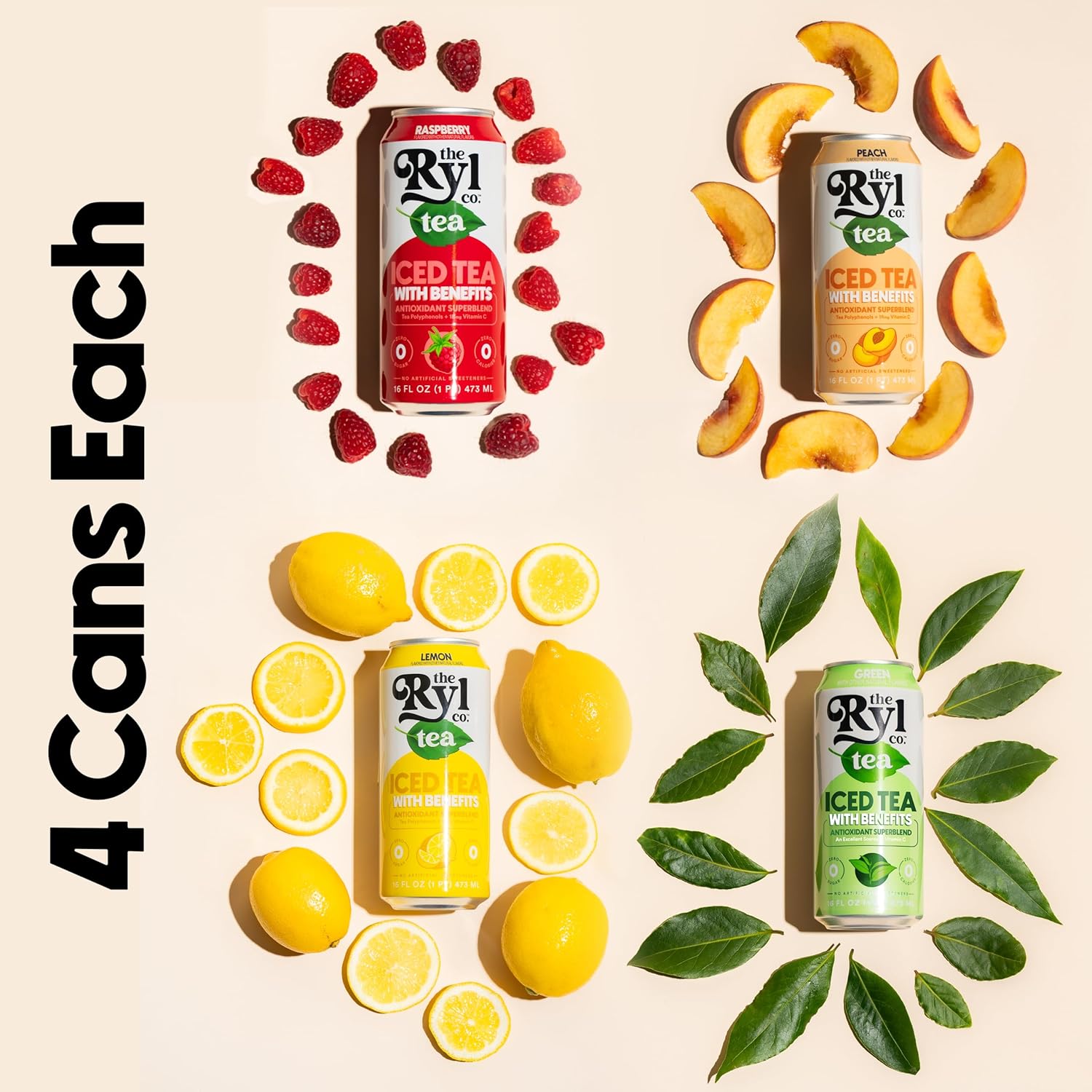 Ryl Iced Tea, Variety Pack, Antioxidant Superblend, Zero Sugar, Low Carb, Zero Calorie Iced Tea, 16.0 Fl Oz (12-Pack)