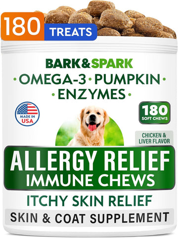 Bark&Spark Dog Allergy Relief Chews (180 Immune Treats) - Anti-Itch Skin & Coat Supplement - Omega 3 Fish Oil - Itchy Skin Relief Treatment Pills - Itching&Paw Licking - Dry Skin & Hot Spots