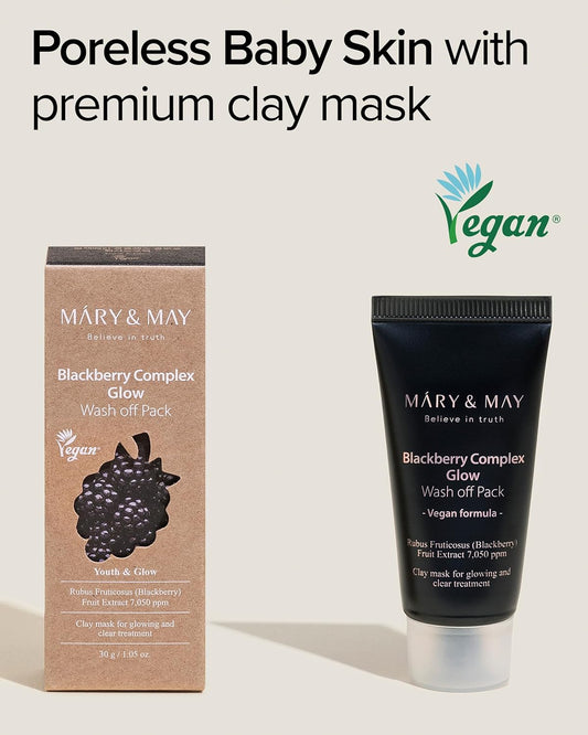 Mary&May Vegan Blackberry Complex Glow Wash Off Mask - Blackhead Care, Pore Clearing, Anti Aging Clay Mask - Bright And Glow Skin - Korean Skincare, 1.01Oz