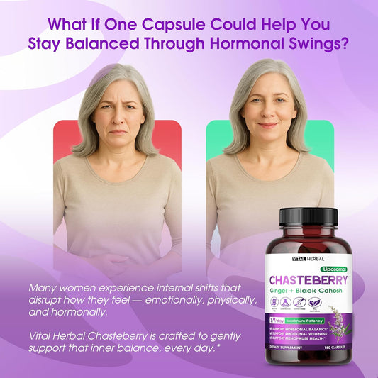 Vital Herbal Liposomal Chasteberry With Ginger & Black Cohosh – Supports Hormone Balance, Emotional Wellness & Menopause Health – 150 Capsules – Made In The Usa
