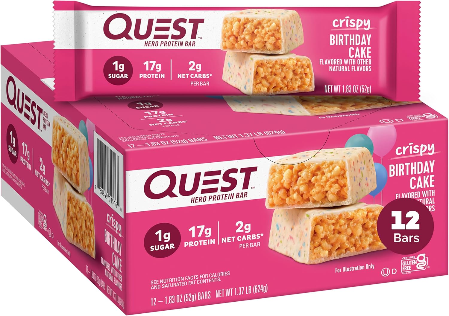 Quest Nutrition Crispy Birthday Cake Hero Protein Bar, 17G Protein, 1G Sugar, 2G Net Carbs, Gluten Free Protein Snack, Keto Friendly, 12 Count