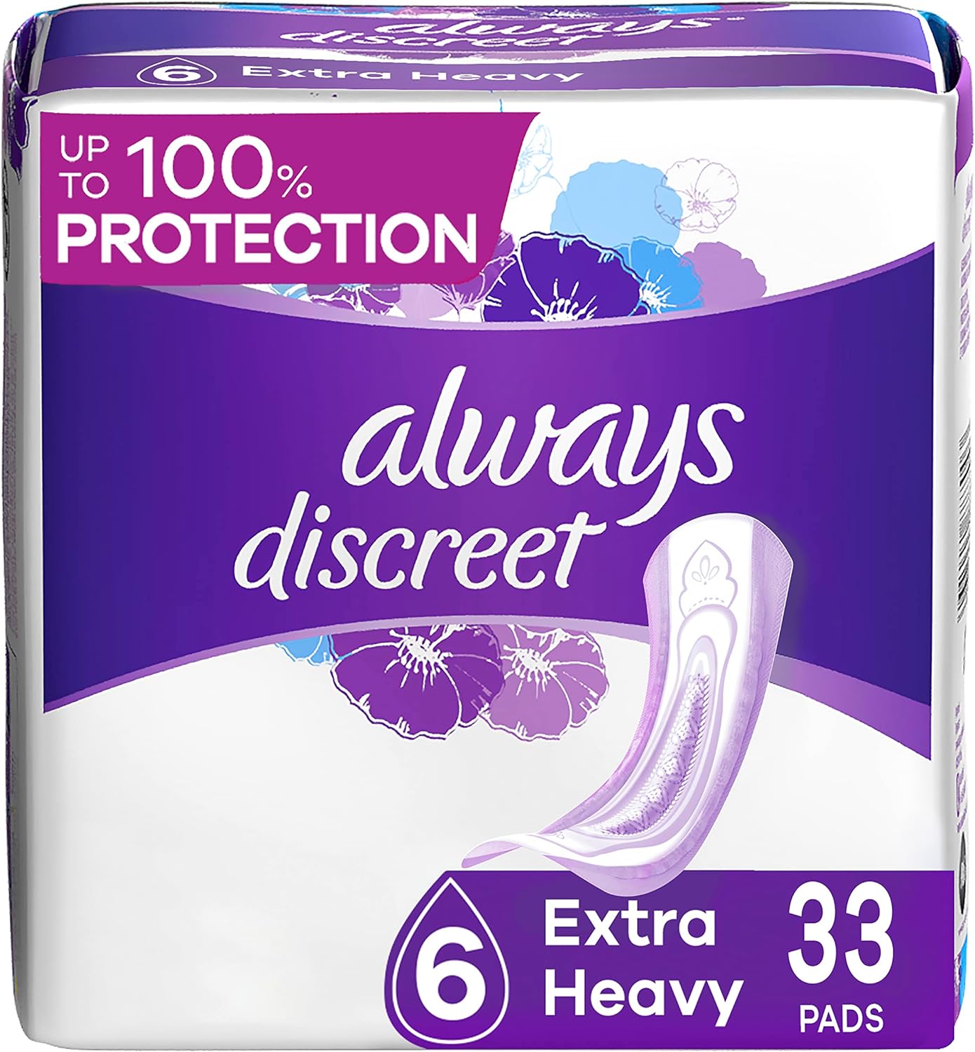 Always Discreet Incontinence Pads for Women and Postpartum Pads, Extra Heavy, 33 CT, up to 100% Bladder Leak Protection