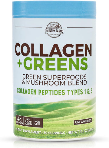 Country Farms Collagen Peptides Powder With Greens Dietary Powder Supplement (Type I, Iii) For Skin Hair Nail And Joints, Dairy/Gluten/Sugar Free, Energizing Superfoods, Natural, 10.6 Oz 30 Servings