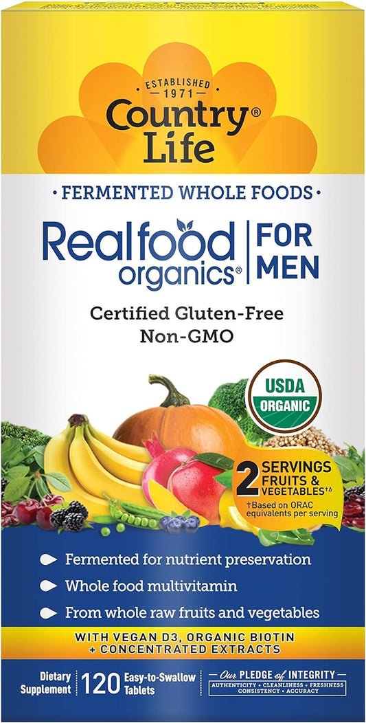 Country Life Realfood Organics For Men, Fermented Whole Foods, 120 Easy-To-Swallow Tablets, Certified Gluten Free, Certified Vegan, Certified Usda Organic