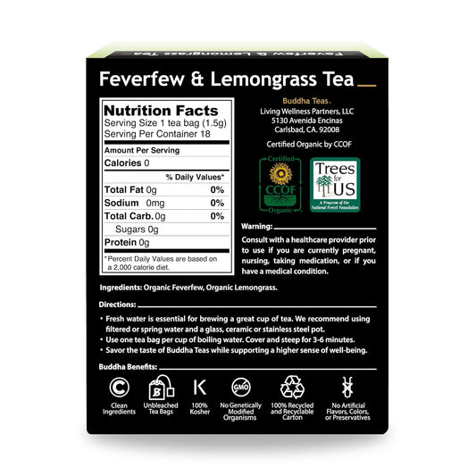 Buddha Teas - Feverfew & Lemongrass - Organic Herbal Tea - For Cognitive Balance & Overall Health - With Essential Minerals & Vitamins - Caffeine Free - 100% Kosher & Non-Gmo - 18 Tea Bags (Pack Of 1)