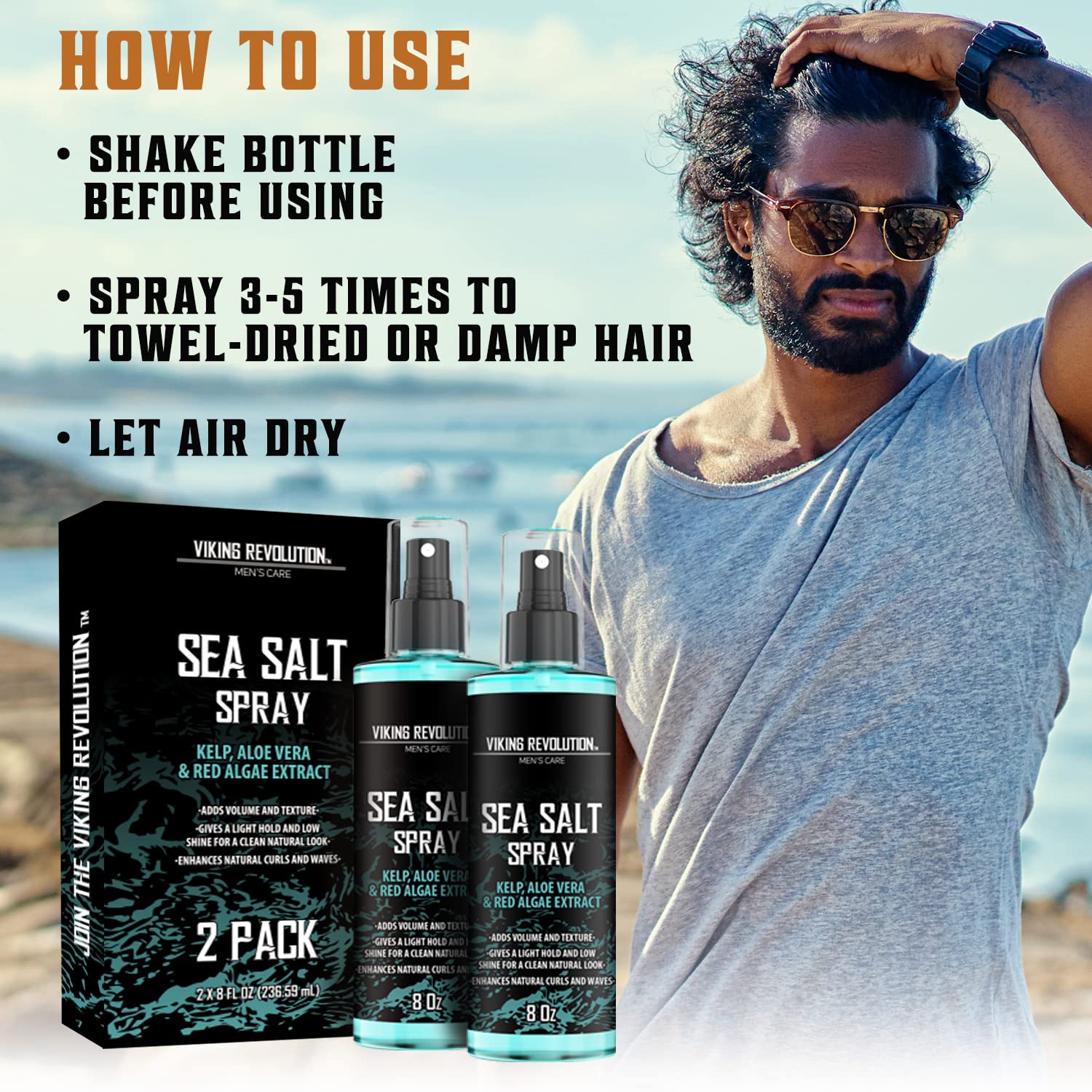 Viking Revolution Sea Salt Spray for Hair Men - Hair Texturizing Spray with Kelp, Aloe Vera & Red Algae Extract - Surf Spray to Add Volume and Texture- Sea Salt Spray for Men Beach Hair Spray (2 pack) : Beauty & Personal Care