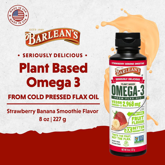 Barlean'S Vegan Omega 3 6 9 Flaxseed Oil Liquid Supplement, Strawberry Banana Smoothie, Flax Seeds Oil With 2,968 Mg Ala Fatty Acid, Non-Gmo And Gluten Free, 16 Oz