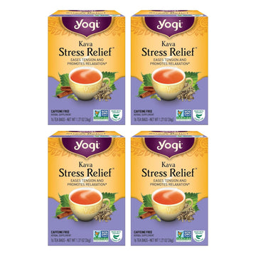 Yogi Tea Kava Stress Relief Tea - 16 Tea Bags Per Pack (4 Packs) - Made With Organic, Caffeine-Free Relaxing Tea - Includes Carob Pod, Indian Sarsaparilla Root, Cinnamon Bark, Ginger Root & More