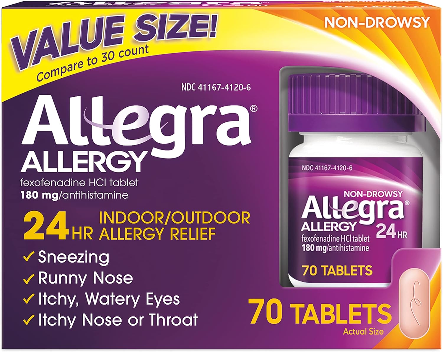 Allegra Adult 24Hr Non-Drowsy Antihistamine, 70 Tablets, Fast-Acting Allergy Symptom Relief, 180 Mg