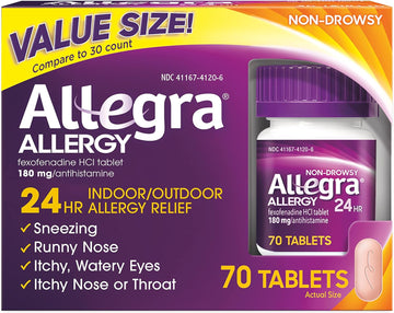 Allegra Adult 24Hr Non-Drowsy Antihistamine, 70 Tablets, Fast-Acting Allergy Symptom Relief, 180 Mg