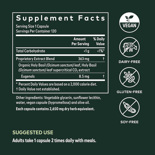 Gaia Herbs Holy Basil Leaf - Helps Sustain a Positive Mindset and Balance in Times of Stress - an Adaptogenic Ayurvedic Herb - 120 Vegan Liq Phyto-Capsules (60-Day Supply)