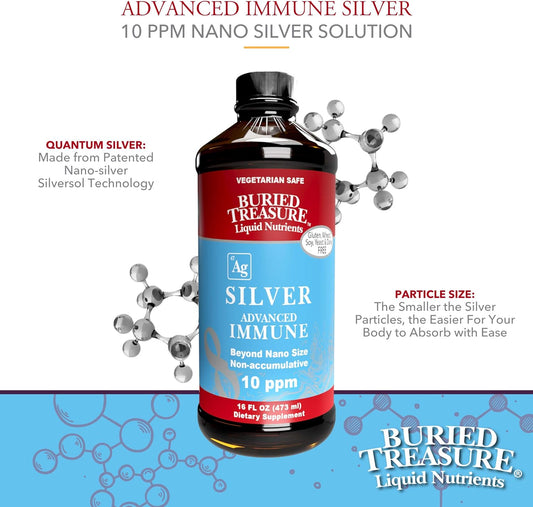 Buried Treasure Silver Advanced Immune 10 PPM Silver for Adults and Kids, 16oz 96 Servings Nano Particle Non Accumulative Immune Support Booster