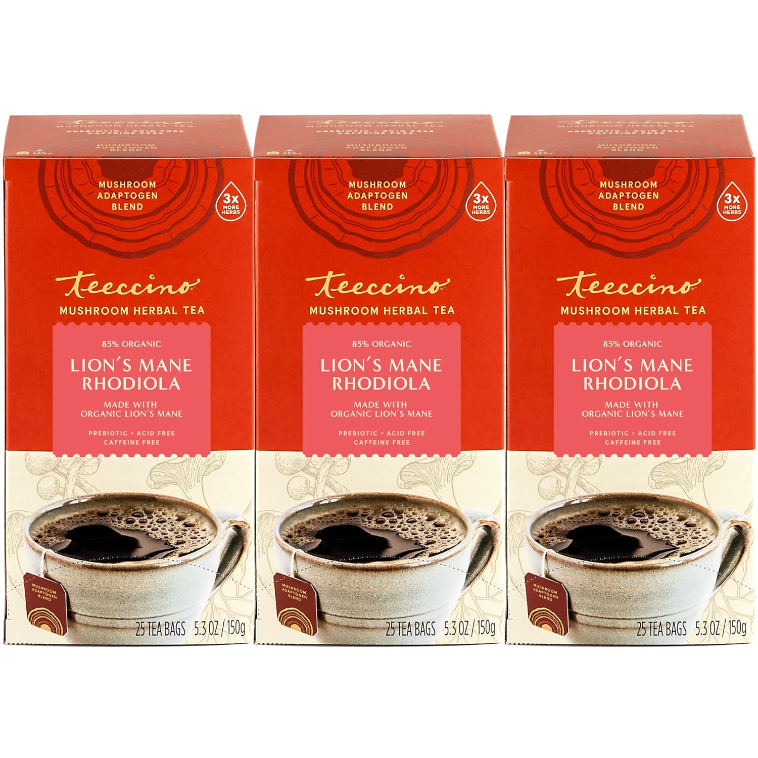 Teeccino Lion’S Mane Rhodiola Tea - Rose - Caffeine-Free Mushroom Adaptogenic Herbal Tea, 3X More Herbs Than Regular Tea Bags, Lightly Sweet From Dates & Figs, Chicory Prebiotic - 25 Tea Bags (Pack Of 3)