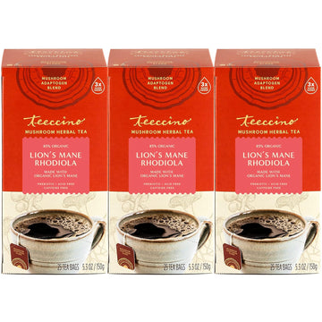 Teeccino Lion’S Mane Rhodiola Tea - Rose - Caffeine-Free Mushroom Adaptogenic Herbal Tea, 3X More Herbs Than Regular Tea Bags, Lightly Sweet From Dates & Figs, Chicory Prebiotic - 25 Tea Bags (Pack Of 3)