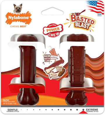 Nylabone Power Chew Classic Bone Chew Toy For Dogs, Durable Dog Toys For Aggressive Chewers, Basted Blast Bacon And Steak Flavor, X-Small/Petite (2 Count)
