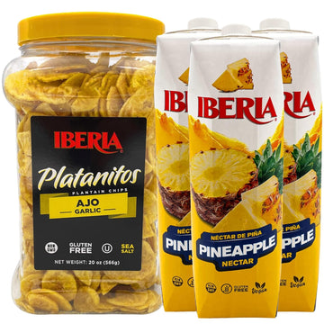 Iberia Garlic Plantain Chips, 20 Oz. + Iberia Pineapple Nectar, 33.8 Fl Oz, (Pack Of 3)