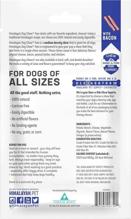 Himalayan Dog Chew Yak Cheese Dog Chews, Lactose Free & Grain Free, Usa Made, For All Dog Breeds, Medium Density Cheese Chew, Resealable Pouch With 3 Yum Treats, Bacon Flavor