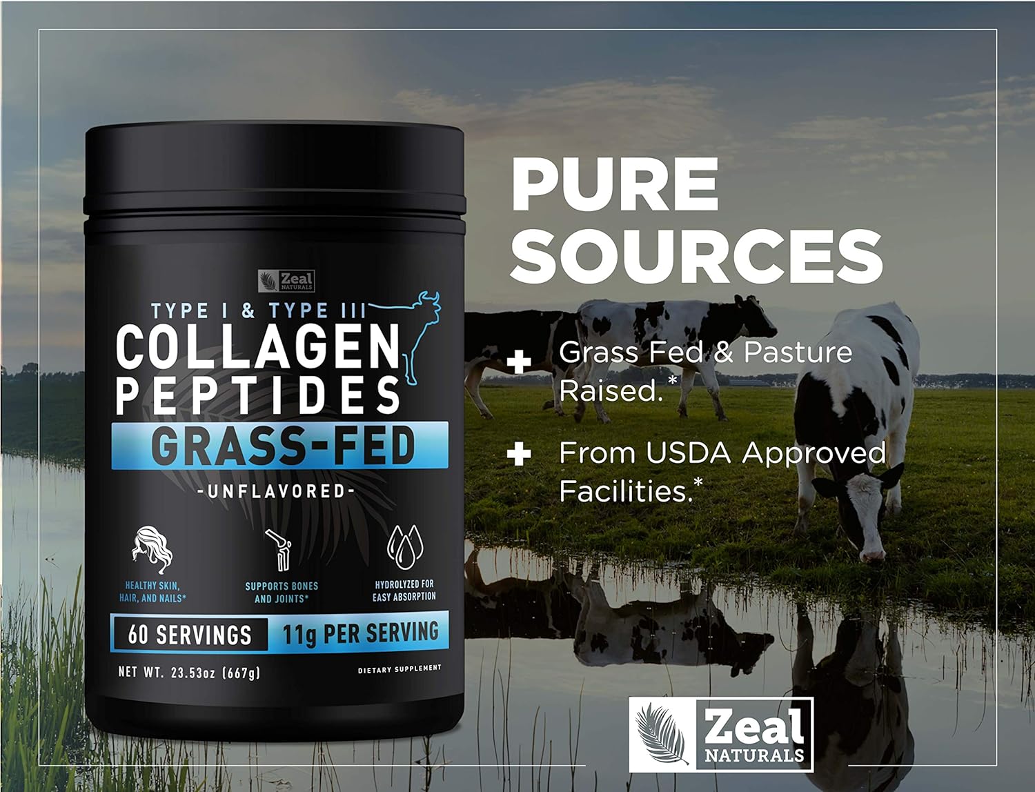 Pure Collagen Peptides Powder (11g | 60 Servings) Grass Fed Pasture-Raised Bovine Collagen Powder Hydrolyzed for Maximum Absorption ; Collagen Supplement for Joint Support, Hair & Skin : Health & Household