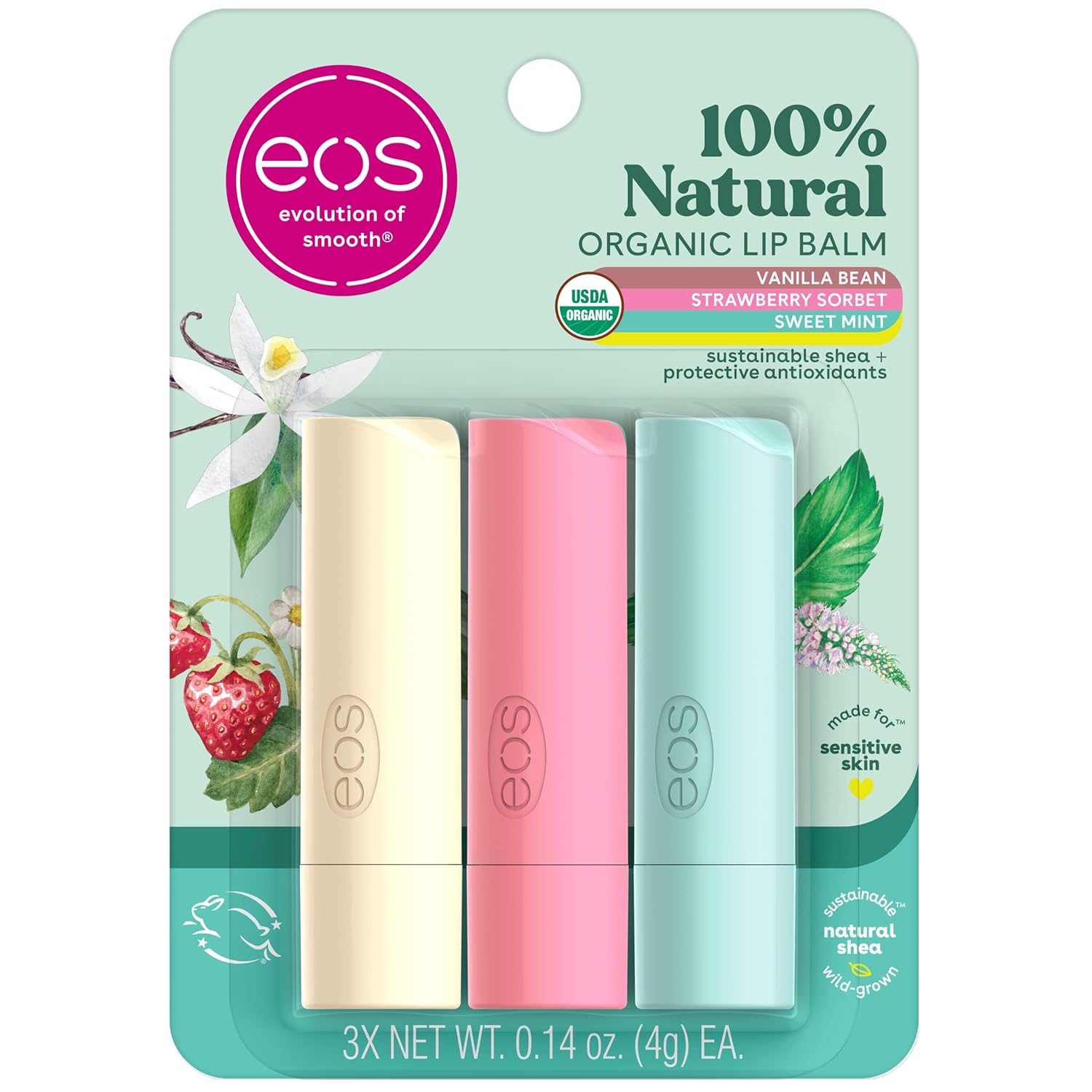 Eos 100% Natural & Organic Lip Balm Trio- Vanilla Bean, Sweet Mint, & Strawberry Sorbet, Made For Sensitive Skin, Lip Care Products, 0.14 Oz, 3-Pack