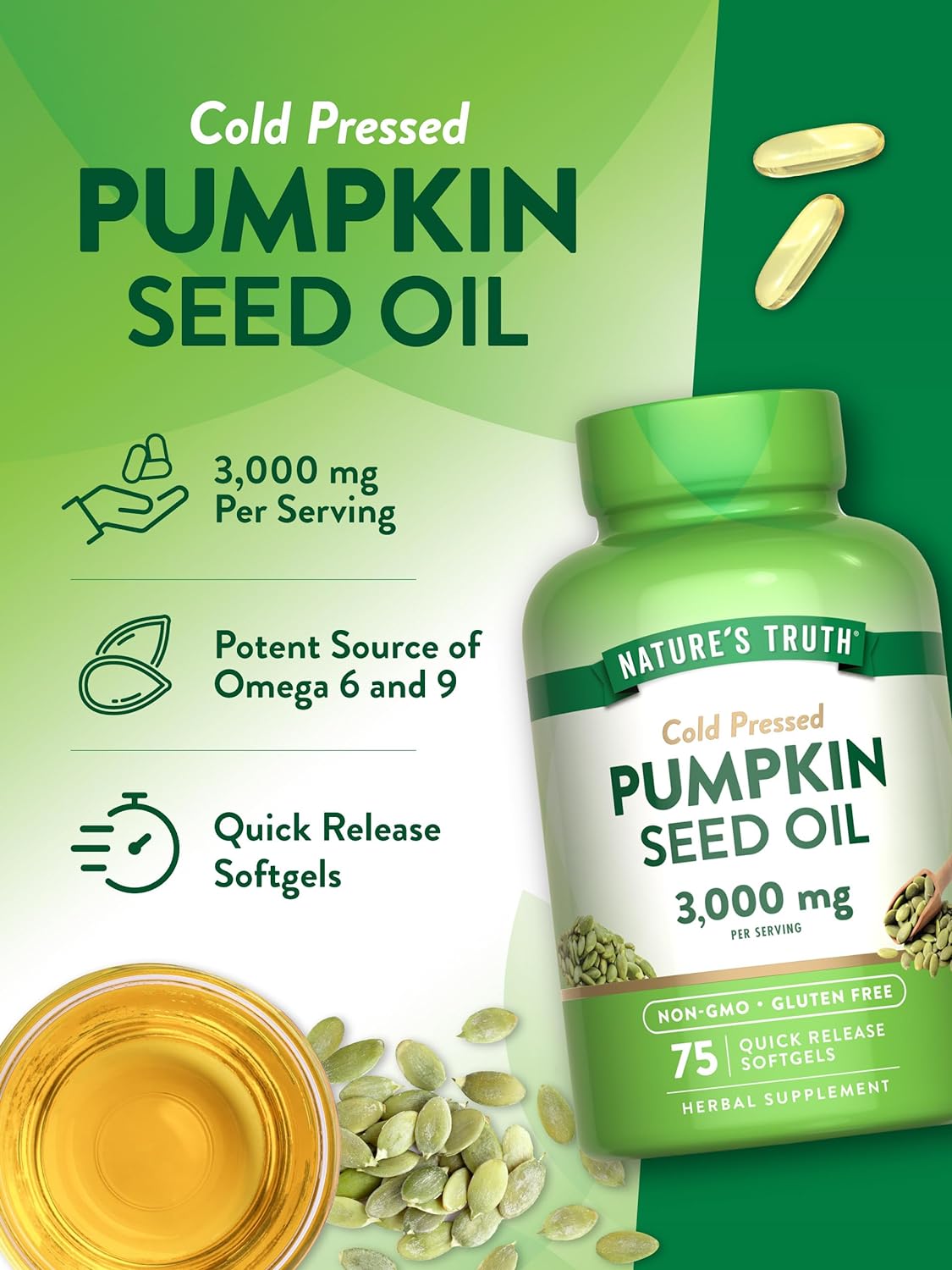 Nature's Truth Pumpkin Seed Oil | 3000mg | 75 Softgels | Cold Pressed Herbal Supplement | Non-GMO & Gluten Free Supplement : Health & Household