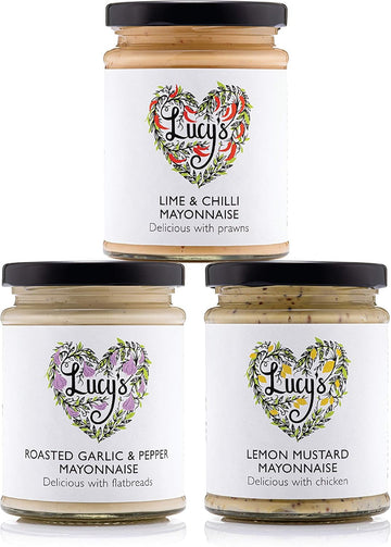 Lucy’S Dressings – Flavoured Mayonnaise Bundle; Lime & Chilli, Roasted Garlic & Pepper And Lemon Mustard – 3 X 240G