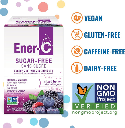 Ener-C Sugar Free Energy Mixed Berry Multivitamin Drink Mix Vitamin C 1000mg & Electrolytes - Natural Immunity Support with Real Fruit Juice Powders Non-GMO Vegan & Gluten Free - 60 Count