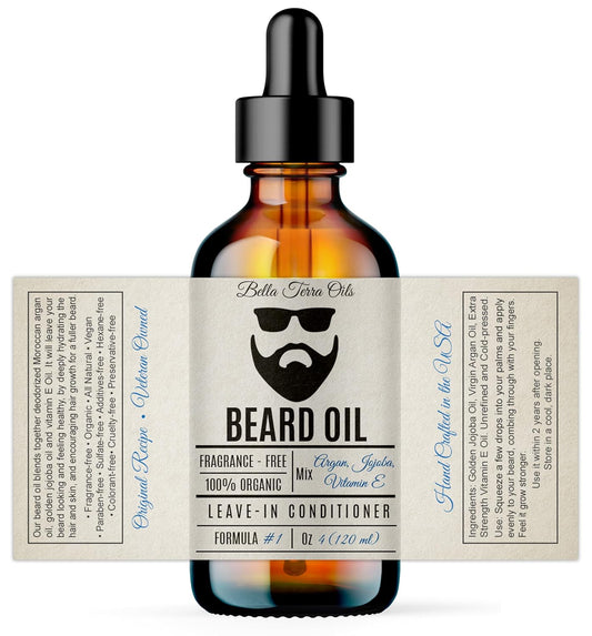 Bella Terra Oils - Beard Oil 4oz - Crafted with Genuine Natural Organic Vitamin E, Organic Jojoba & Argan, Classic Anti-Friz Formula, Elevating Beard Luster & Care