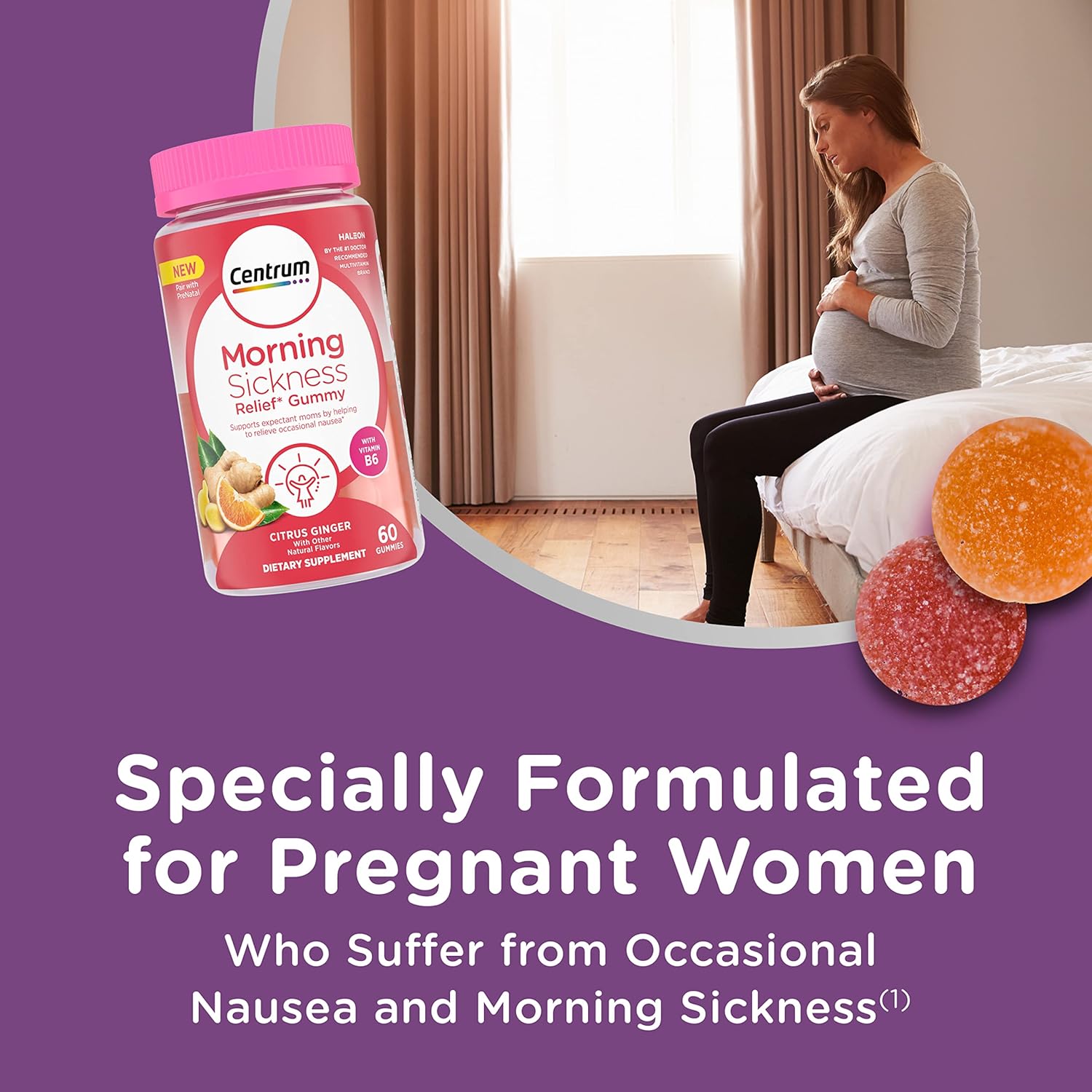 Centrum Morning Sickness Relief Gummies, Citrus Ginger avor - 60 Count, Up to 60 Day Supply