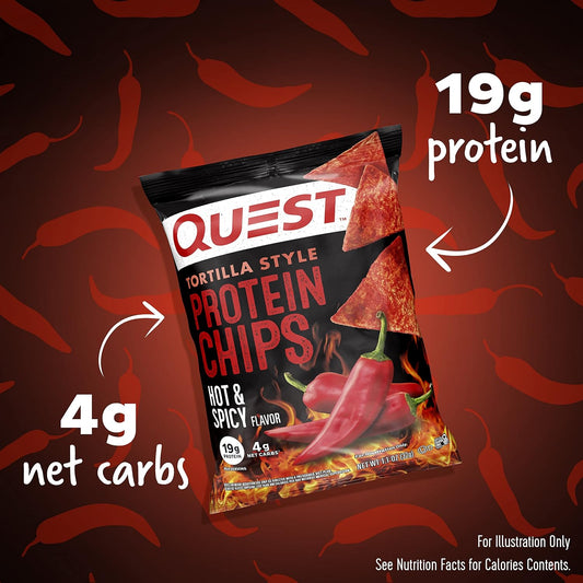 Quest Nutrition Tortilla Style Protein Chips, Hot & Spicy, 19G Of Protein, 4G Net Carbs, Gluten Free, 1.1 Ounce (Pack Of 12)