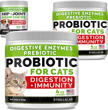 Probiotics Powder + Hemp Glucosamine Treats Bundle - Digestive Enzymes + Prebiotics + Omega 3 - Relieves Diarrhea, Skin Allergy + Hip & Joint Care - 4Oz (Pack Of 2) + 120 Ct - Made In Usa