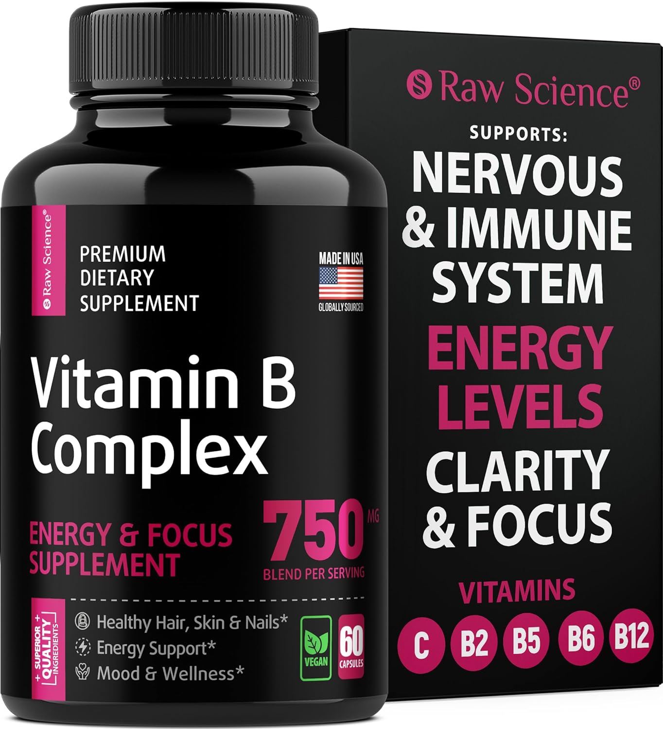 Vitamin B-Complex Capsules - B Vitamins: B1 B2 B3 B5 B6 B7 B9 B12, Biotin, Folic Acid, Vitamin C For Energy & Immune Support Supplement, B Complex For Women & Men'S Nervous System, 60 Capsules