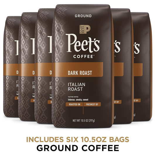 Peet’s Coffee, Dark Roast Ground Coffee - Italian Roast 63 Ounces (Six Bags of 10.5 Ounce)