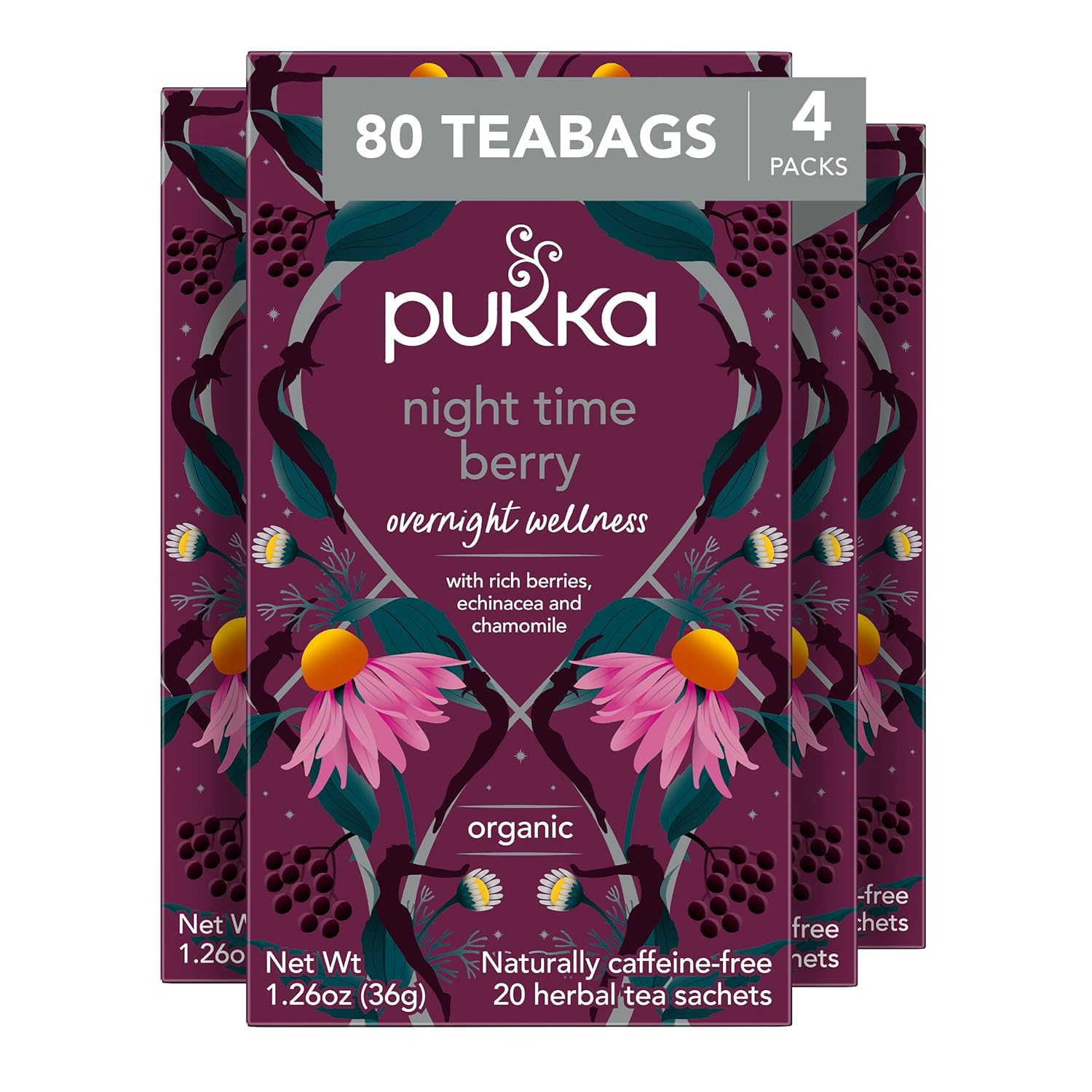 Pukka Herbs Night Time Berry Organic Herbal Tea, Soothing Infusion With Chamomile, Lavender & Elderberry, Tea Gift Set For Bedtime Relaxation, 80 Total Tea Bags (20Ct - Pack Of 4)