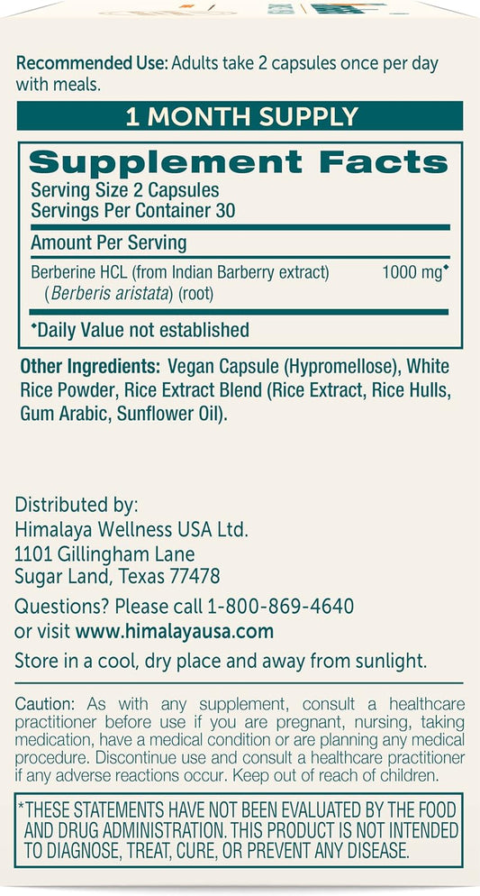 Himalaya Berberine For Metabolism & Cholesterol Support, Gi Support & Immune Support, 1000 Mg Serving, Berberine Hcl From Indian Barberry Root, Vegan, Gluten Free, Herbal Supplement, 60 Capsules