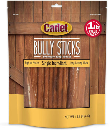 Cadet Bully Sticks For Small Dogs – All-Natural Beef Pizzle, High Protein, Low Fat, Long-Lasting, Grain & Rawhide-Free Dog Chews For Aggressive Chewers, Small (1 Pound)