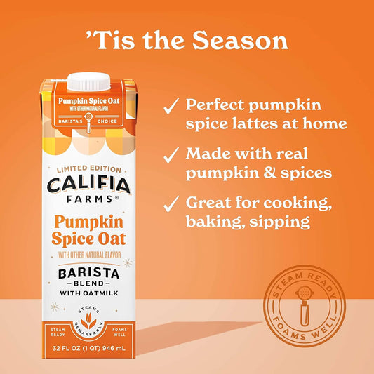 Califia Farms - Pumpkin Spice Oat Barista Blend Oat Milk, 32 Oz, Shelf Stable, Dairy Free, Plant Based, Vegan, Gluten Free, Non Gmo, High Calcium, Milk Frother, Creamer, Oatmilk