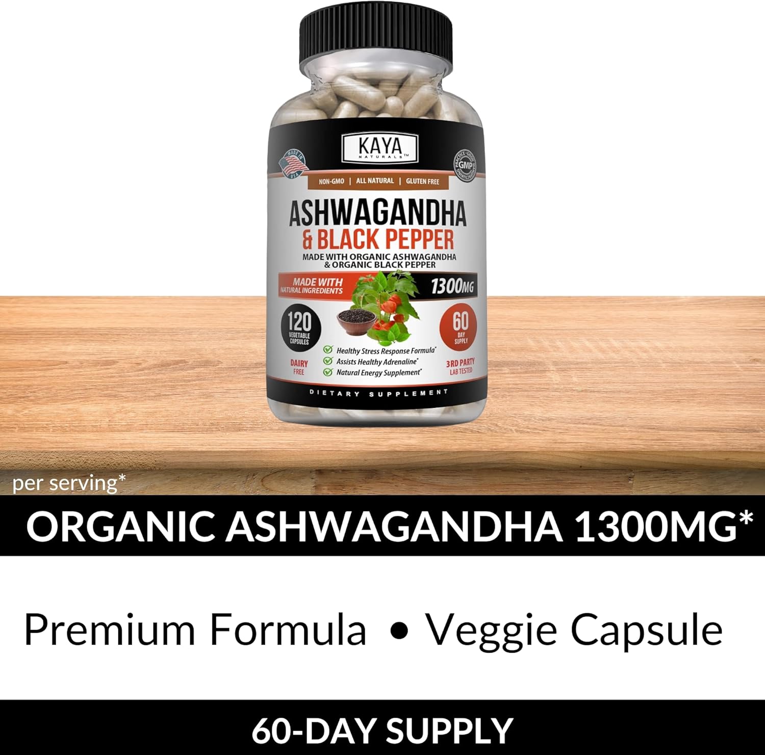 Kaya Naturals Organic Ashwagandha 1300mg, 120 Count Capsules for Stress Relief, Adrenal, Mood & Thyroid Support, Black Pepper and 100% Pure Ashwagandha -120 Capsules : Health & Household