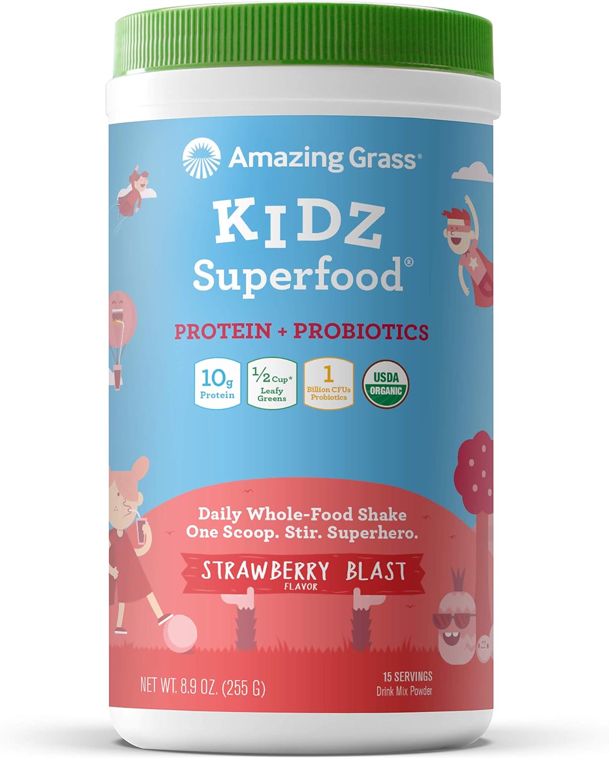 Amazing Grass Kidz Superfood: Vegan Protein & Probiotics For Kids With Beet Root Powder & 1/2 Cup Of Leafy Greens, Strawberry Blast, 15 Servings