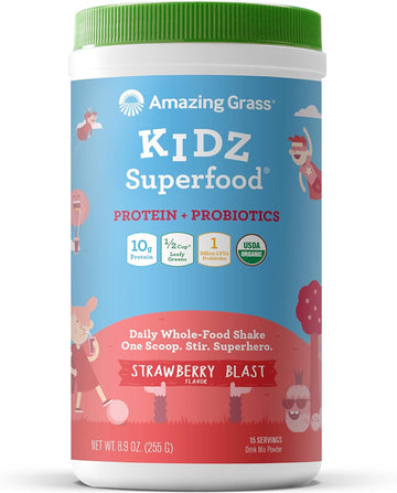 Amazing Grass Kidz Superfood: Vegan Protein & Probiotics For Kids With Beet Root Powder & 1/2 Cup Of Leafy Greens, Strawberry Blast, 15 Servings