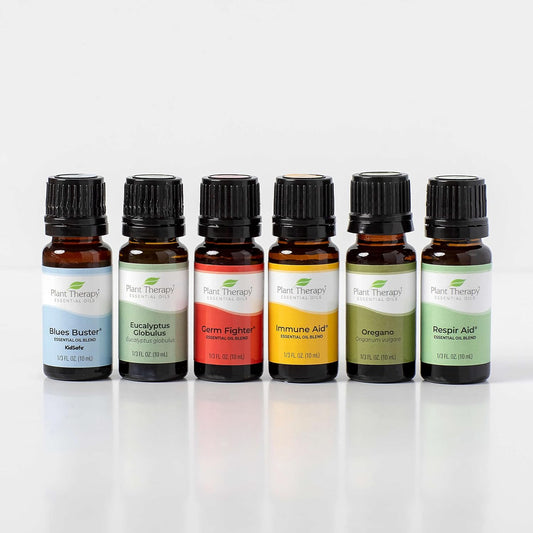Plant Therapy Wellness Essential Oil Gift Set 10 mL (1/3 oz) Each Set Includes: Germ Fighter, Immune-Aid, Respir-Aid, Blues Buster, Eucalyptus and Oregano
