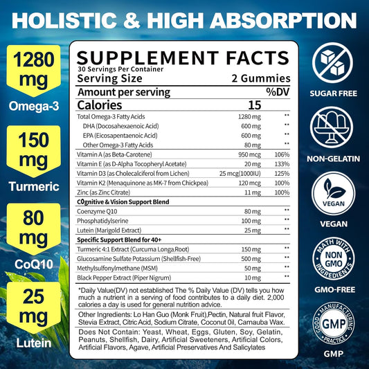 Omega-3 Gummies Supplement For Adults 40+: 1280Mg Vegan Omega3 Fatty Acid Dha Epa With Vitamin D3 K2 Zinc Turmeric For Overall Health Support - Fish Oil Alternative For Women Men(60Count)