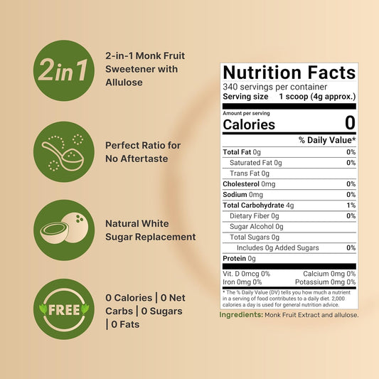 Monk Fruit & Allulose Sweetener With No Erythritol, 3 Pounds | 0 Aftertaste, 0 Calories, 0 Net Carbs – 1:1 Sugar Substitute – Perfect Sweet Balance For Baking, Cooking, Beverages – Keto, Vegan